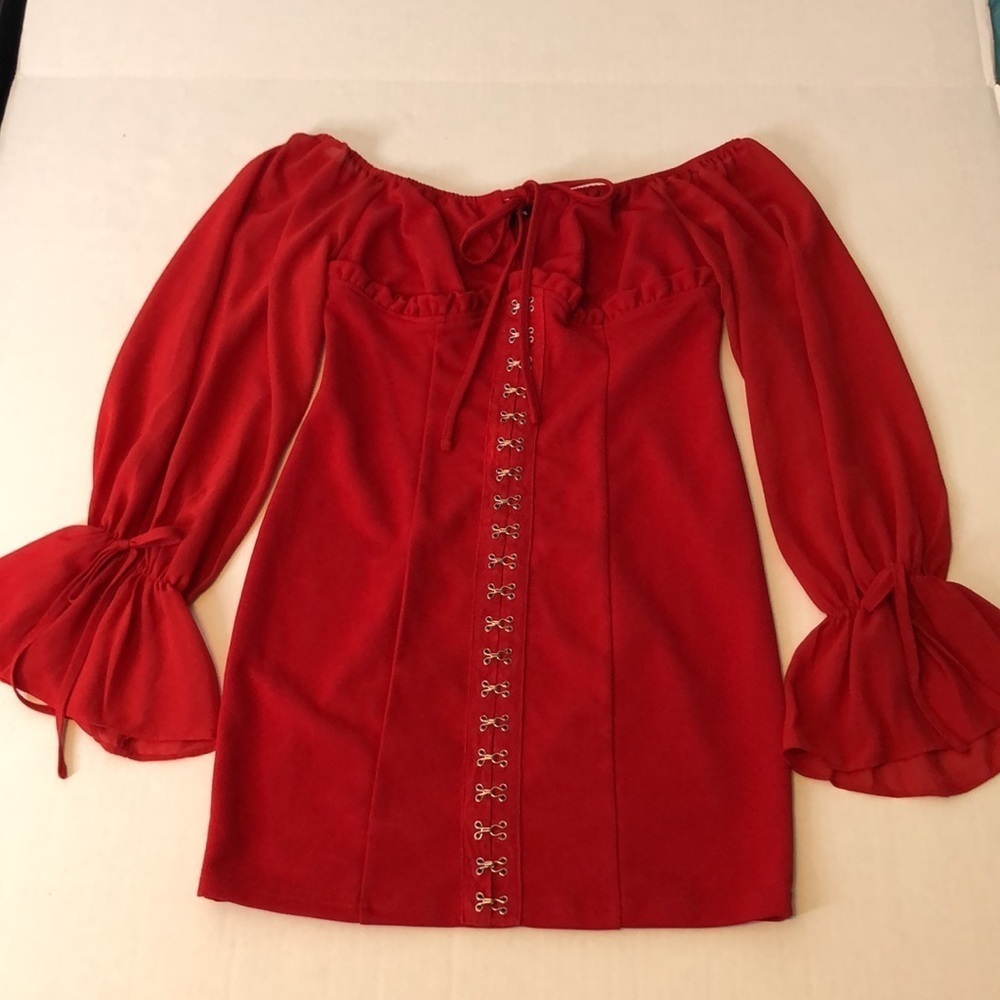 Fashion Nova Double Standard Off Shoulder Mini Red Dress Size S - Picture 9 of 13